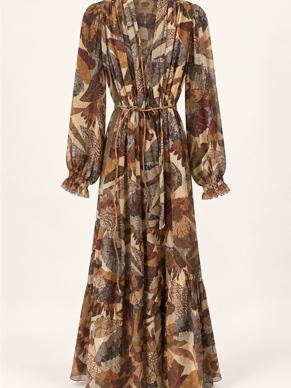 Autumn Leaf Print V-Neck Maxi Dress with Tie Waist